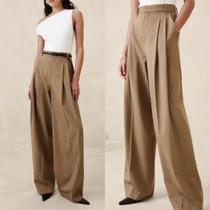 Menswear Style Camel Wide-Leg Wool Pants